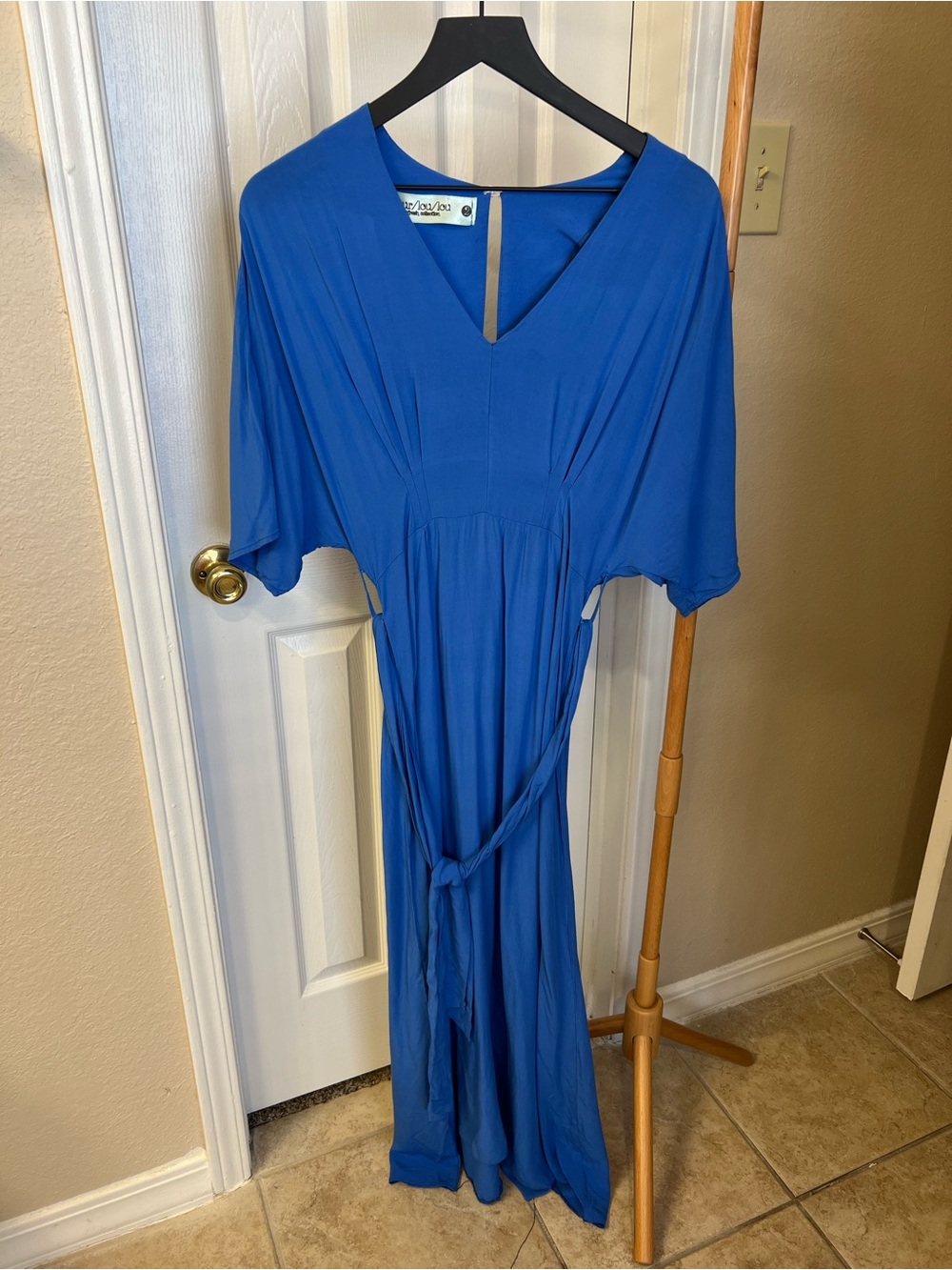 Women's Cobalt Blue V-Neck Maxi Dress with Self-Tie Waist